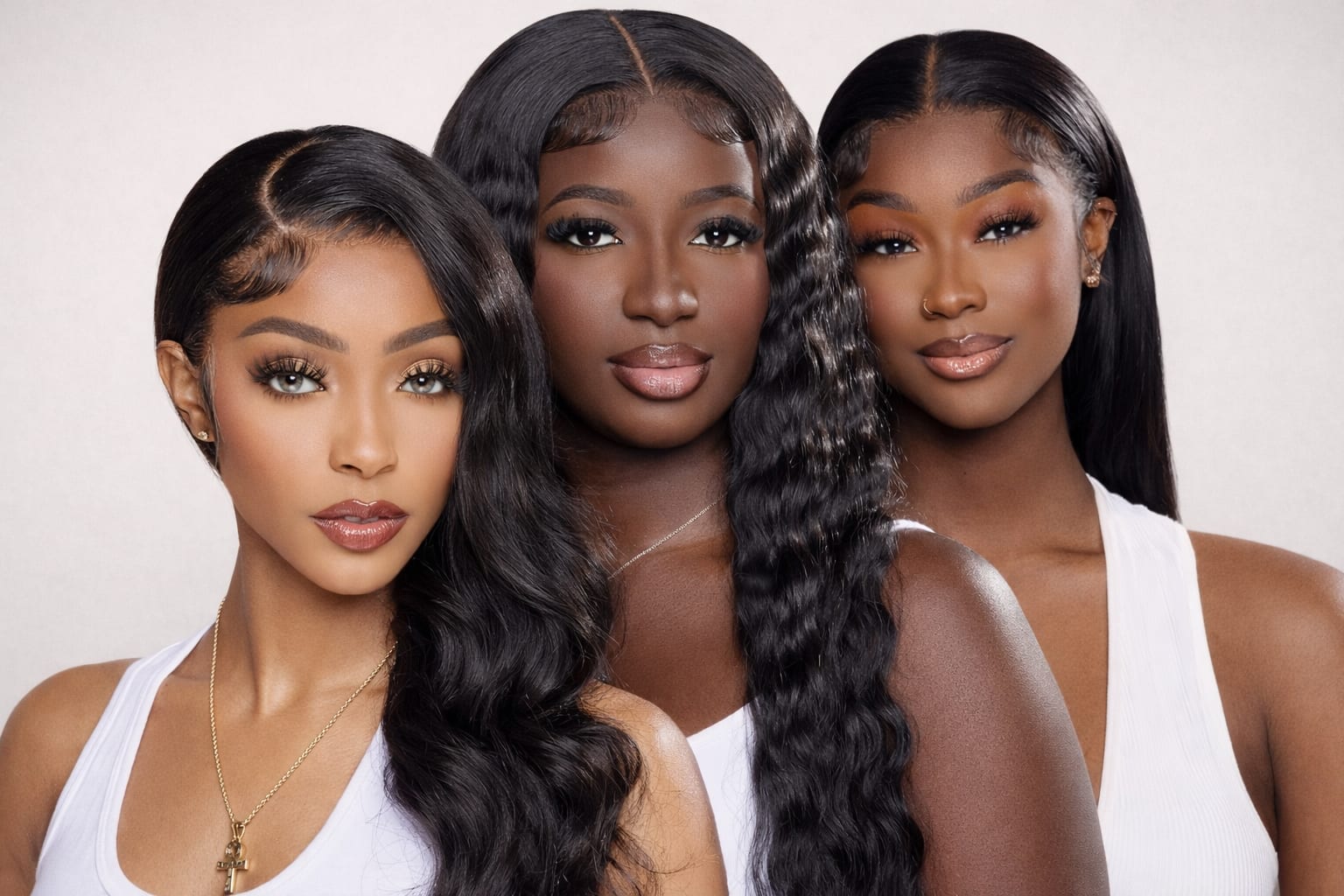 Trois modèles portant des styles Ayni Beauty — body wave, deep wave et straight
